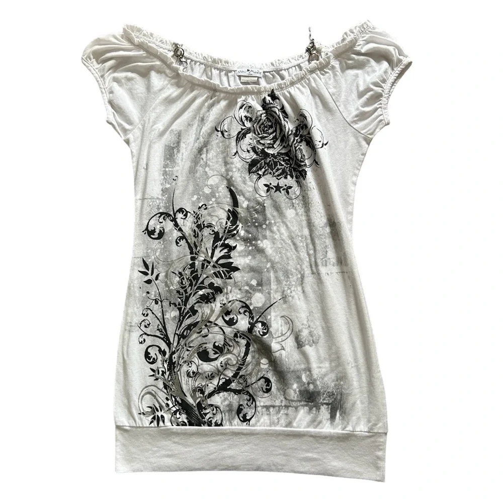 Y2K White and Grey Graphic Rhinestone Off the Shoulder Tunic/Top - Picture 3 of 7